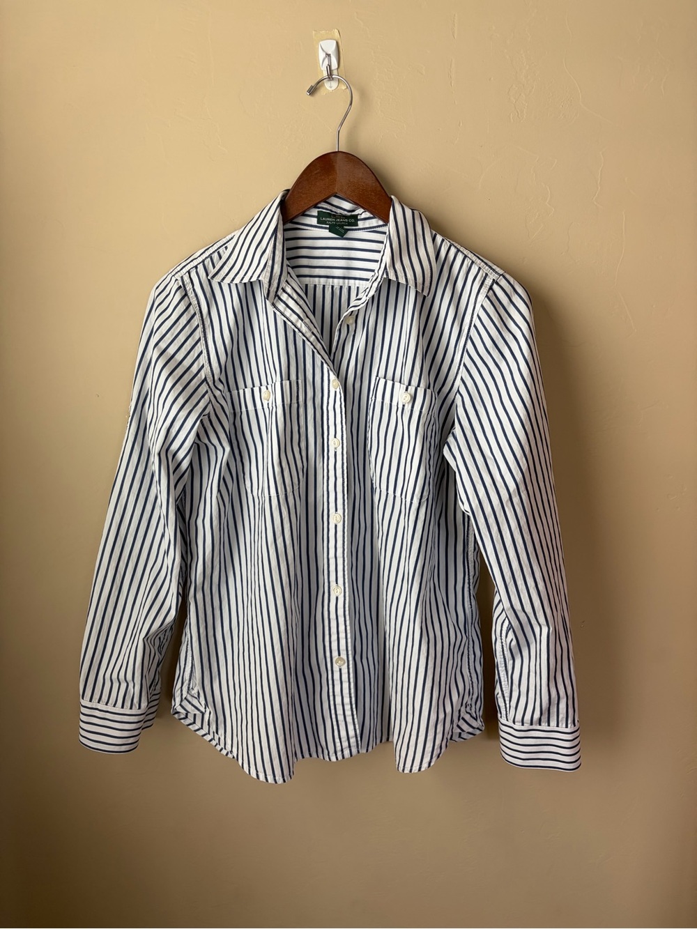 Lauren Jeans Co. Ralph Lauren Navy White Striped Cotton Button-Up Shirt Size M